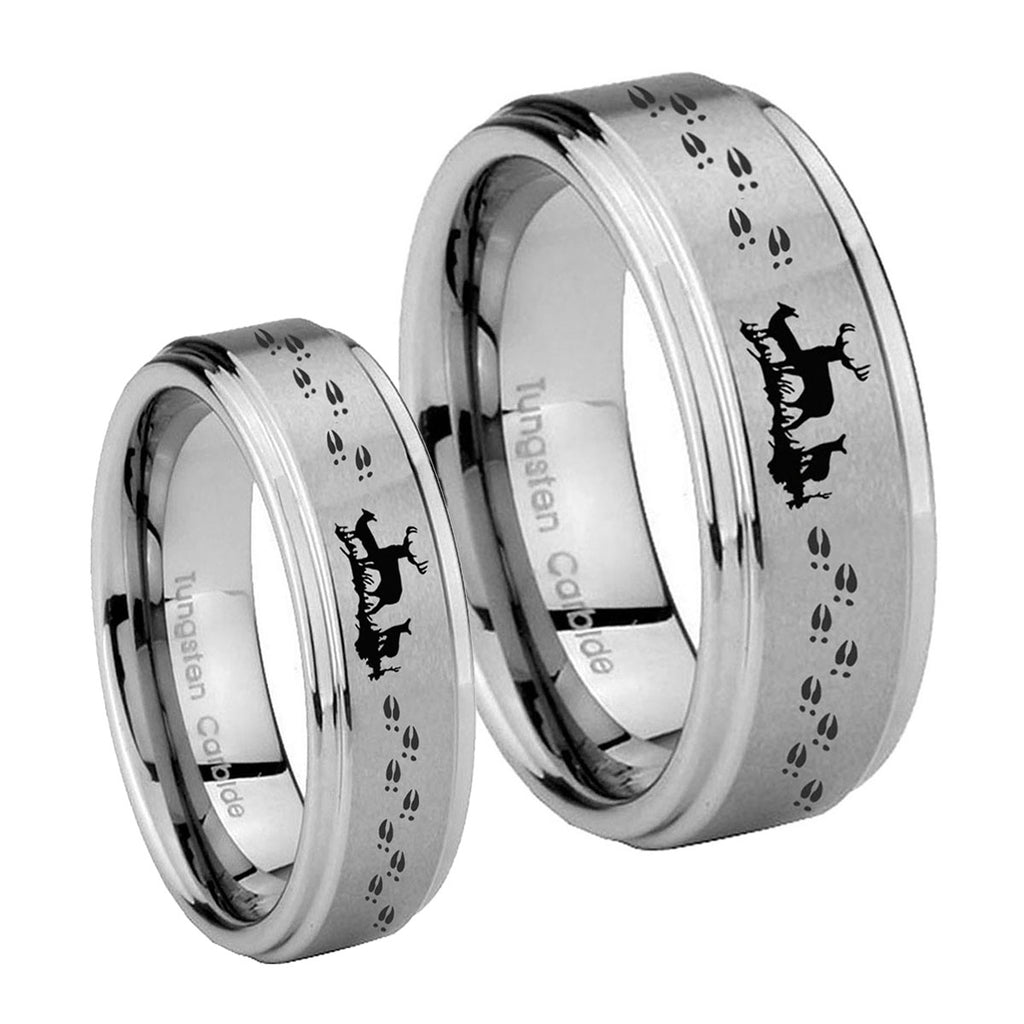 Deer Hunting Step Edges Brushed Tungsten Bridal Ring Set