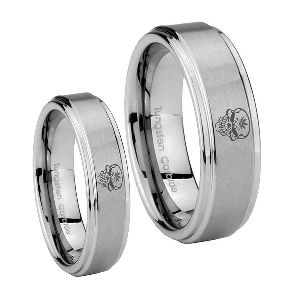Skull Marijuana Leaf Step Edges Brushed Tungsten Promise Ring Set