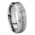 8mm Heart Beat forever Heart always Step Edge Silver Tungsten Ring