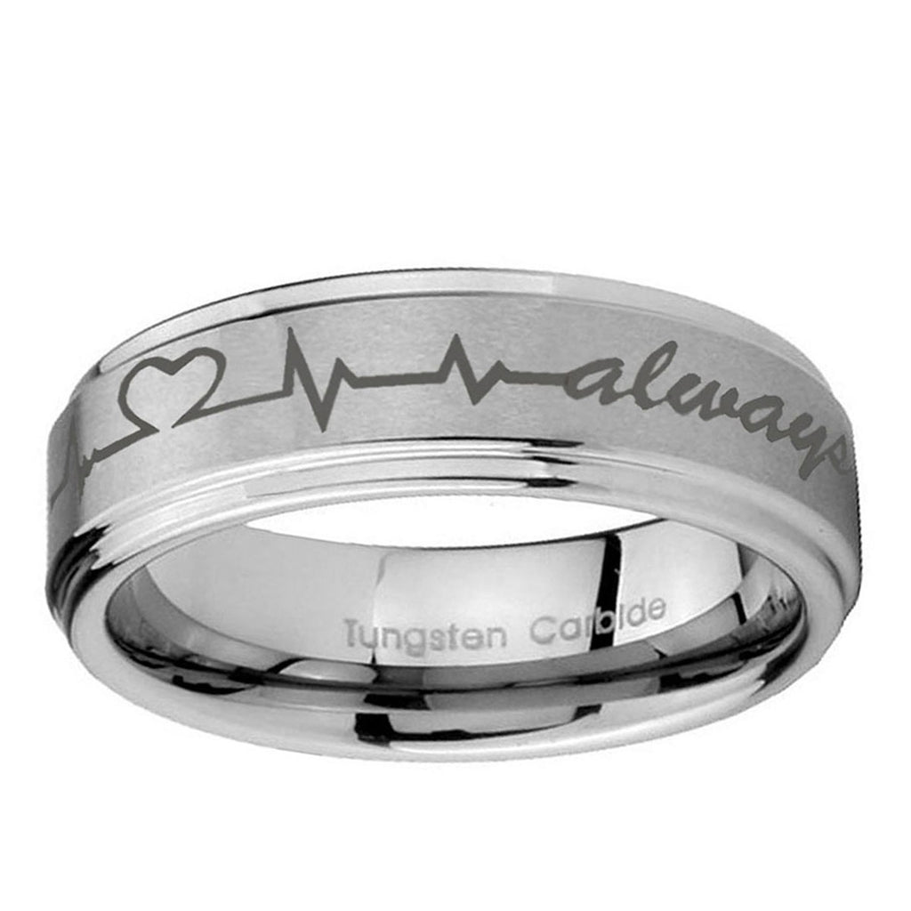 10mm Heart Beat forever Heart always Step Edge Brushed Tungsten Bands Ring