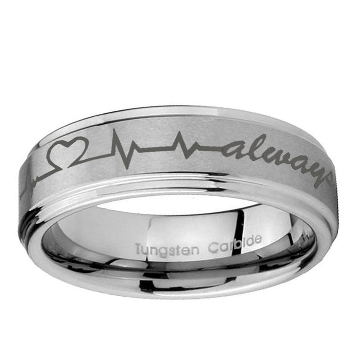 10mm Heart Beat forever Heart always Step Edge Brushed Tungsten Bands Ring