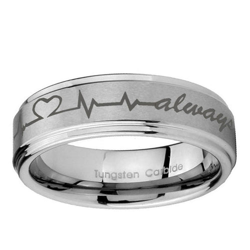 10mm Heart Beat forever Heart always Step Edge Brushed Tungsten Bands Ring