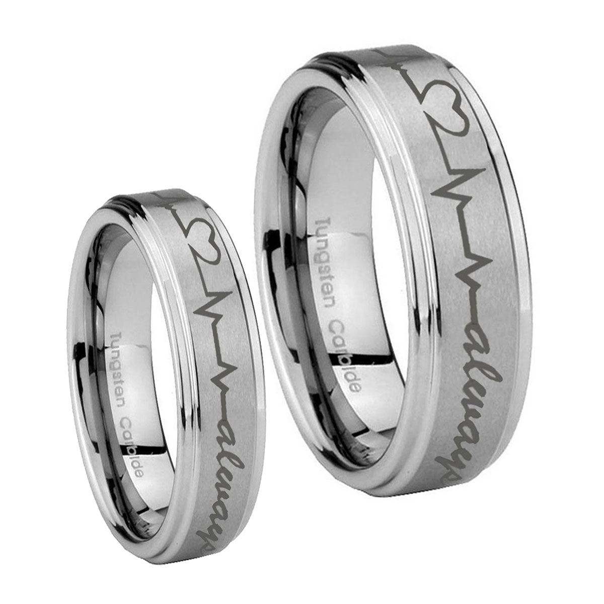 Heart Beat forever Heart always Step Edges Brushed Tungsten Mens Band Set