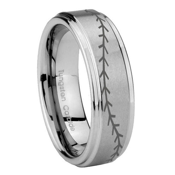 10mm-Baseball-Stitch-Step-Edges-Brushed-Tungsten-Carbide-Men's-Ring