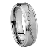 10mm-Baseball-Stitch-Step-Edges-Brushed-Tungsten-Carbide-Men's-Ring