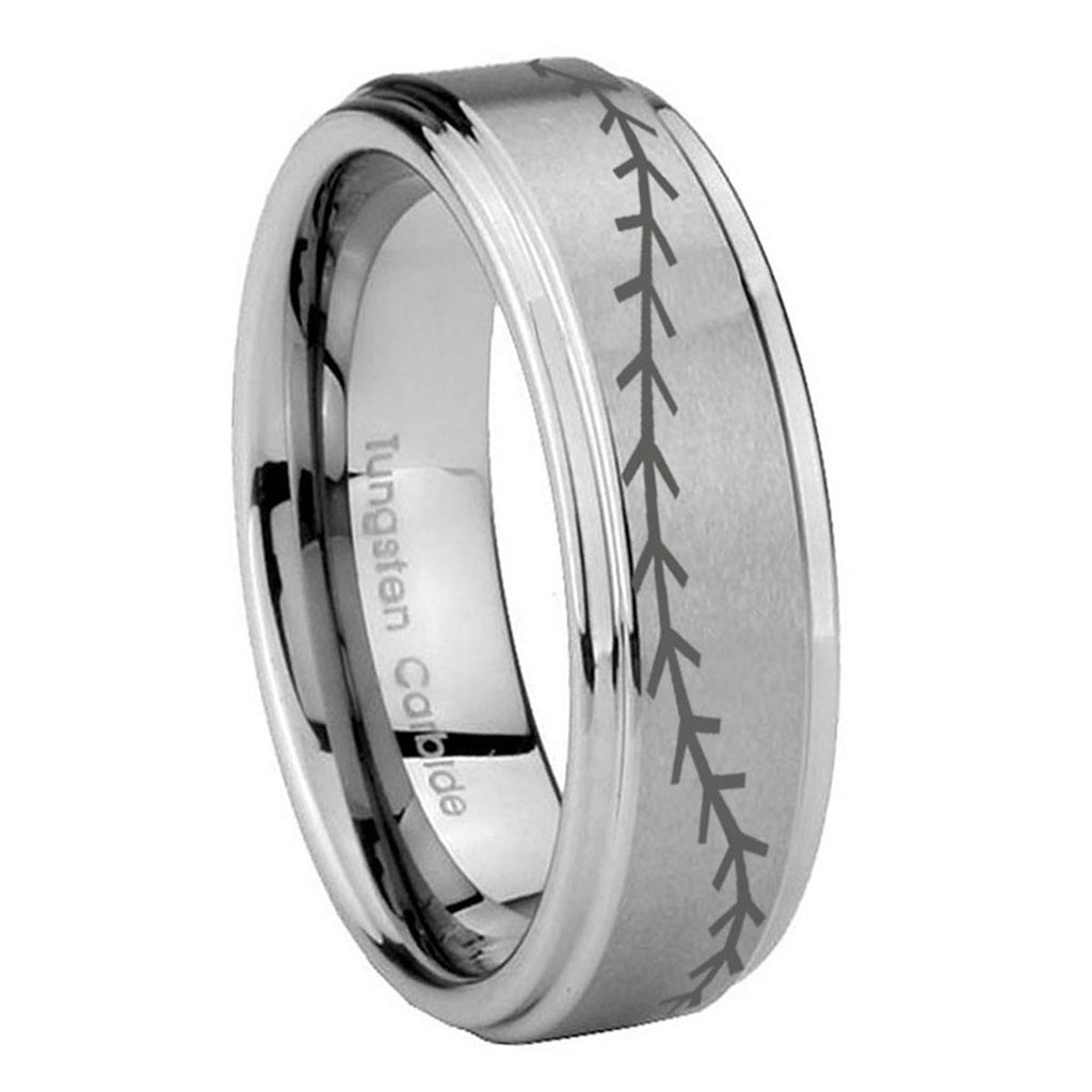 8mm Baseball Stitch Step Edges Brushed Silver Tungsten Ring