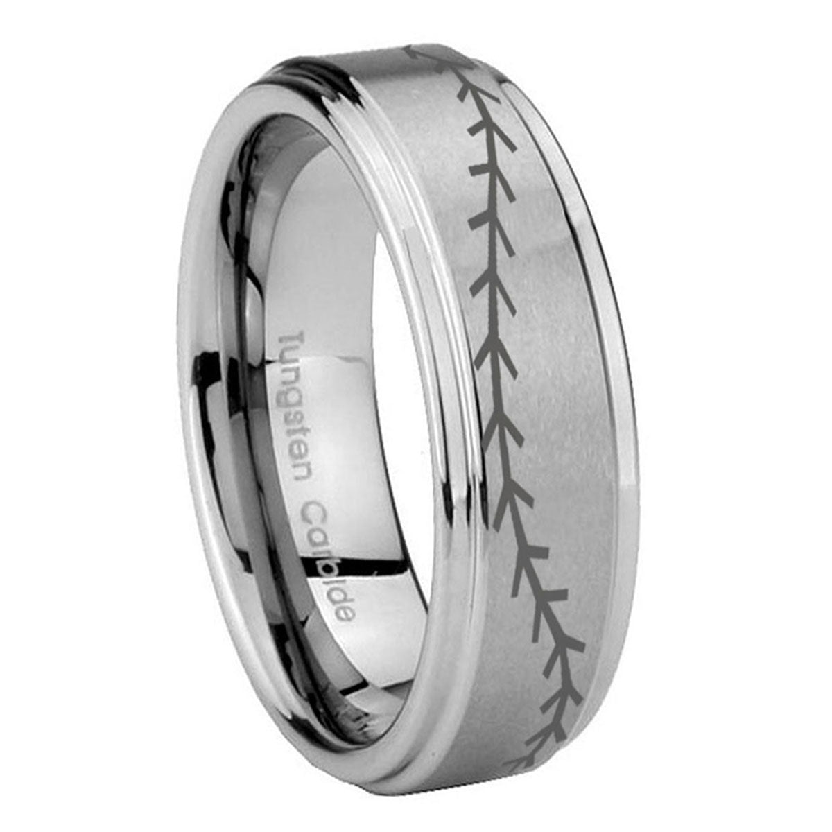 8mm Baseball Stitch Step Edges Brushed Silver Tungsten Ring