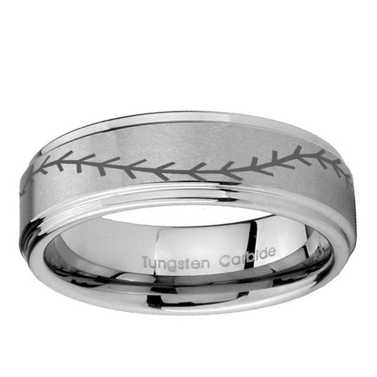 5mm Baseball Stitch Step Edges Brushed Silver Tungsten Ring