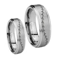 Baseball Stitch Step Edges Brushed Tungsten Wedding Set Ring
