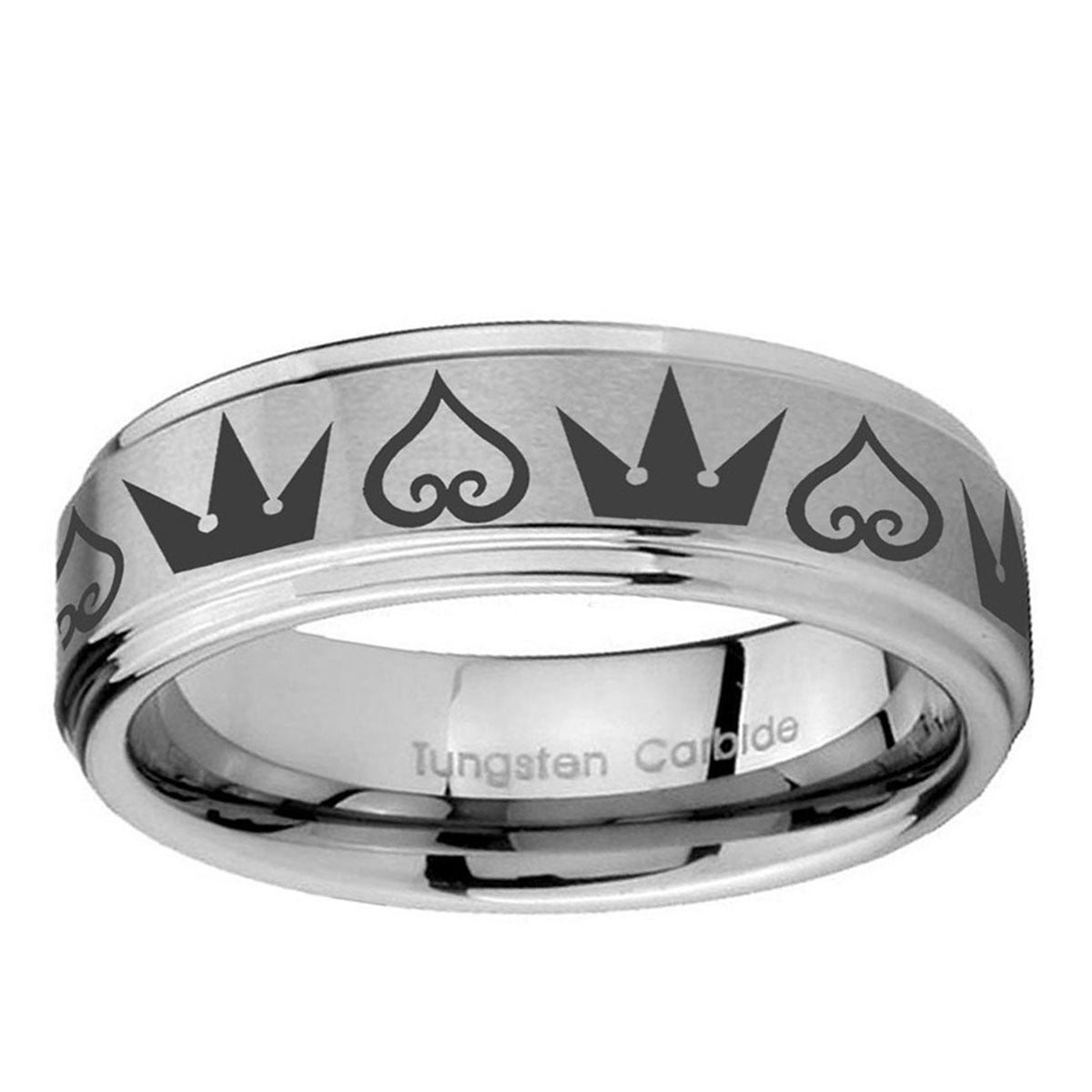 10mm Hearts and Crowns Step Edge Brushed Tungsten Ring