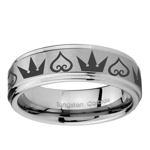 10mm Hearts and Crowns Step Edge Brushed Tungsten Ring