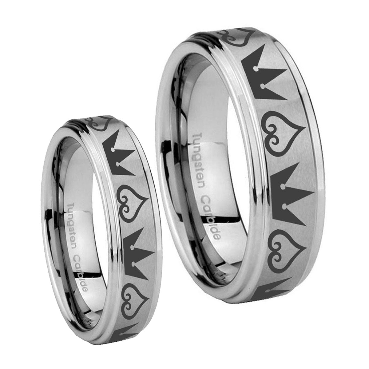 Hearts and Crowns Step Edges Brushed Tungsten Promise Ring Set