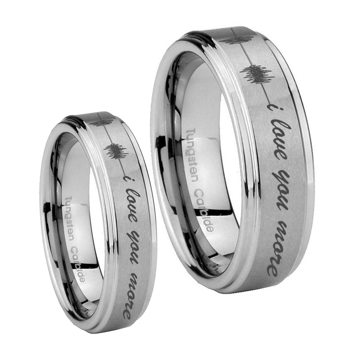 Sound Wave, I love you more Step Edges Brushed Tungsten Promise Ring Set