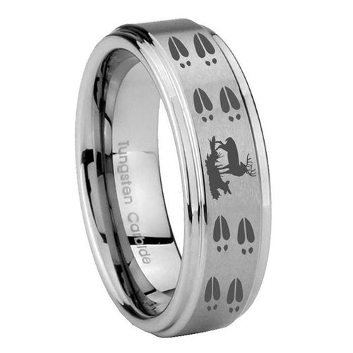 8mm Deer Hunting Tracks Step Edge Silver Tungsten Band