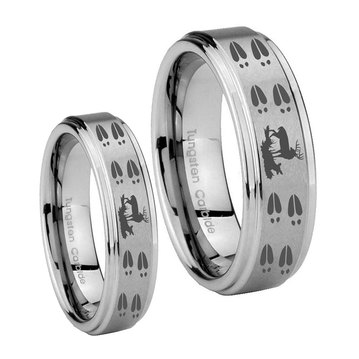 Deer Hunting Tracks Step Edges Brushed Tungsten His and Hers