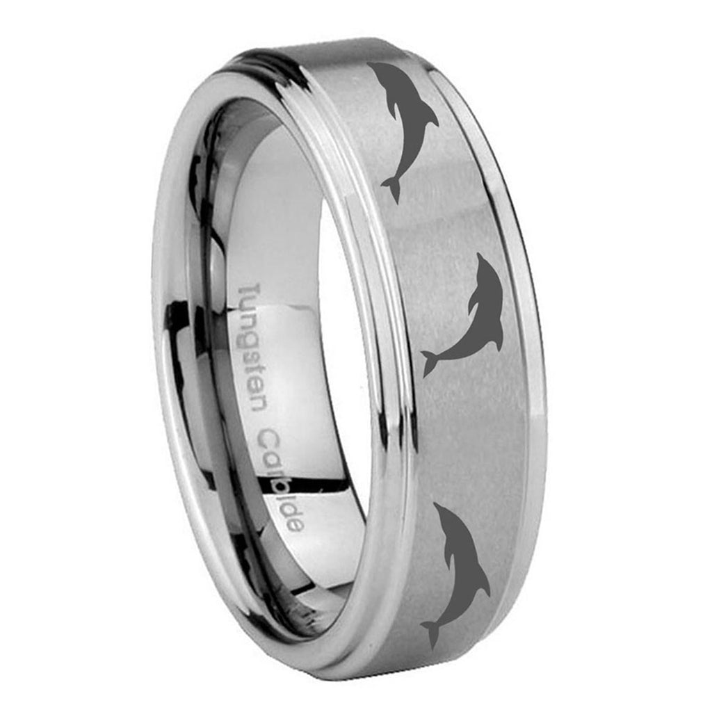 8mm Dolphins Step Edges Brushed Silver Tungsten Ring