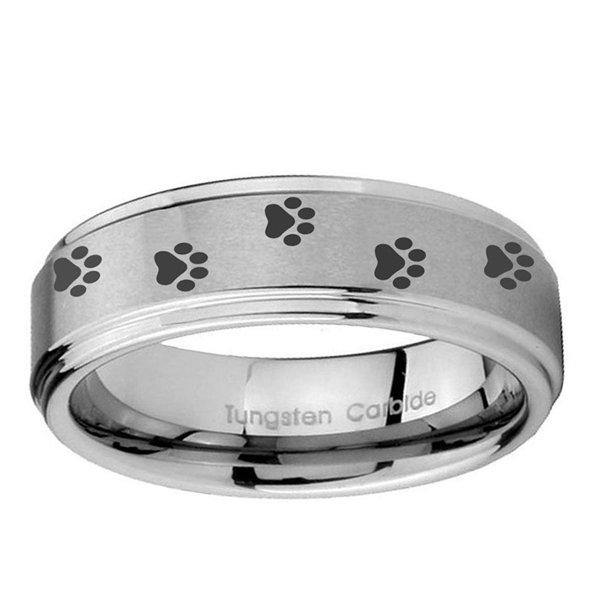 10mm Paw Print Step Edge Brushed Tungsten Carbide Promise Ring