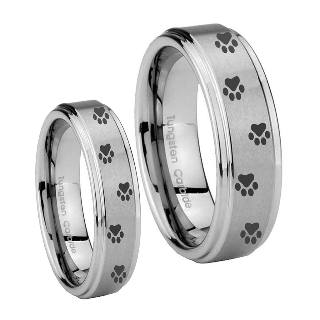 Paw Print Step Edges Brushed Tungsten His Hers Set Rings