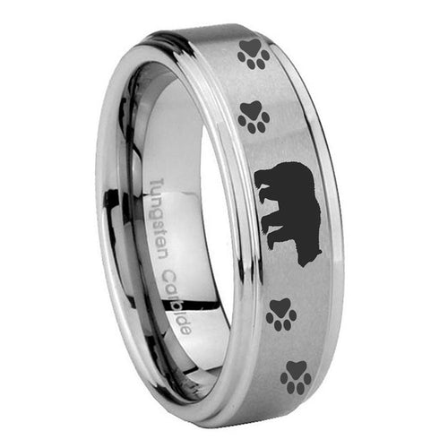 8mm Bear Paw Step Edges Brushed Silver Tungsten Ring