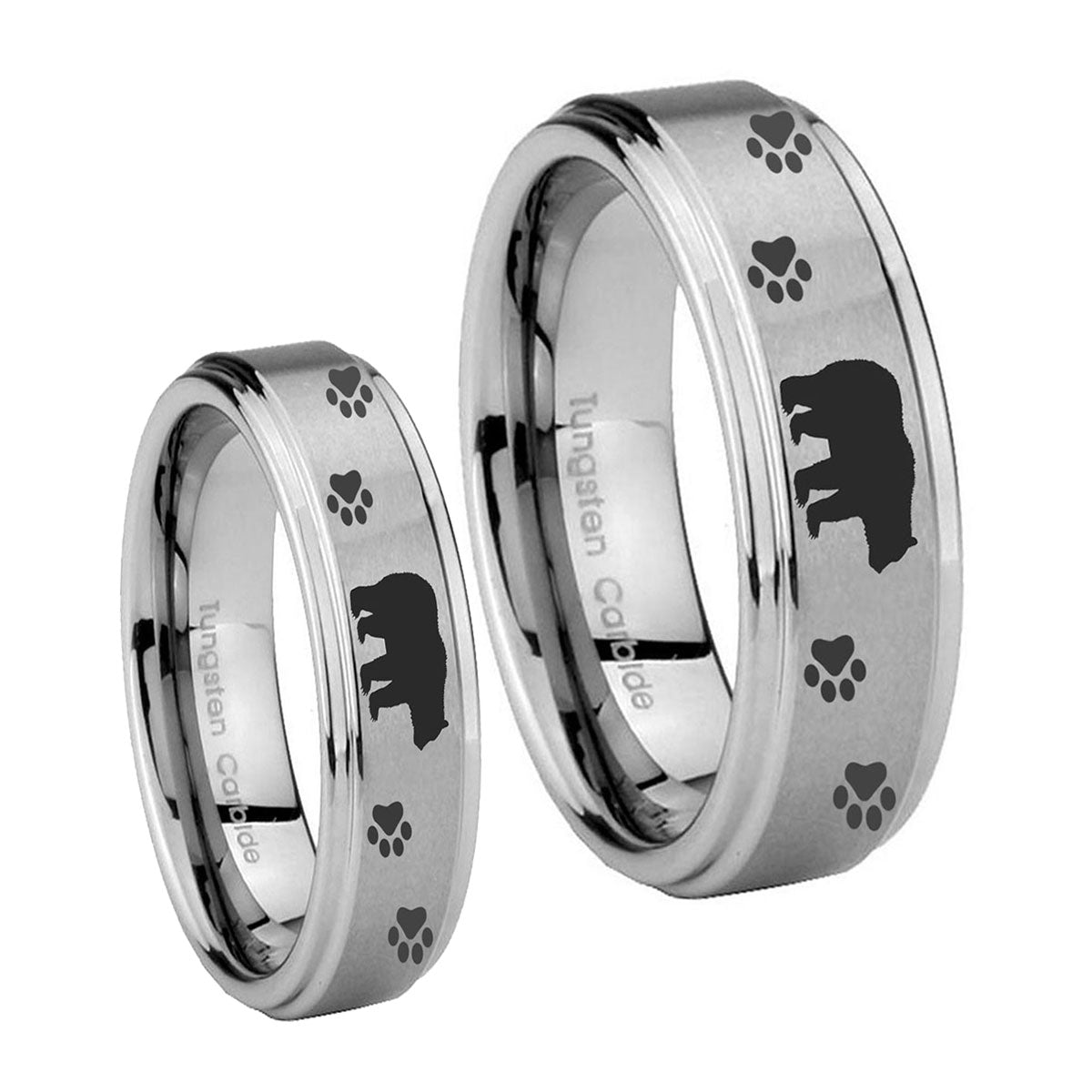 Bear and Paw Step Edges Brushed Tungsten Wedding Ring Set