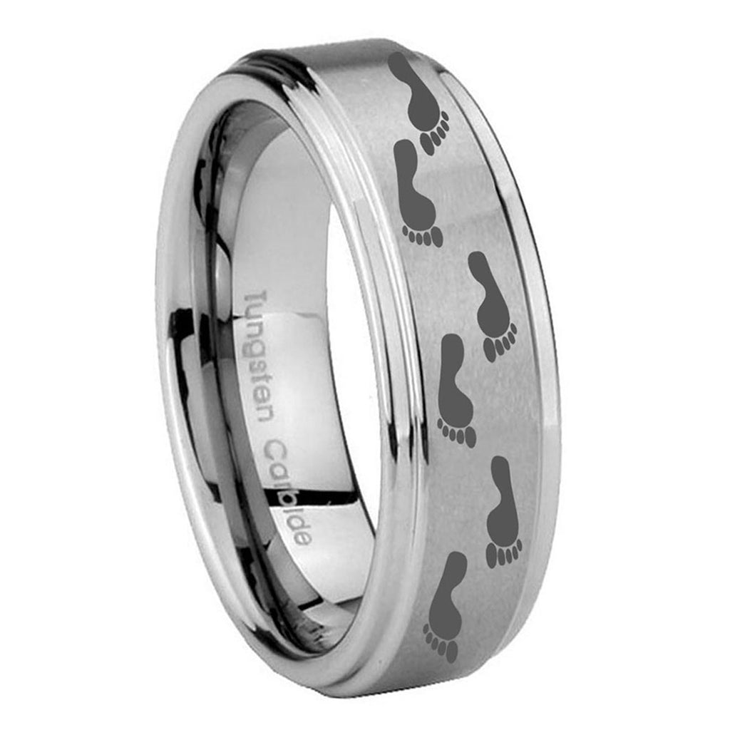 8mm Foot Print Step Edges Brushed Silver Tungsten Ring