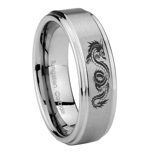 8mm Dragon Step Edges Brushed Silver Tungsten Men Bands