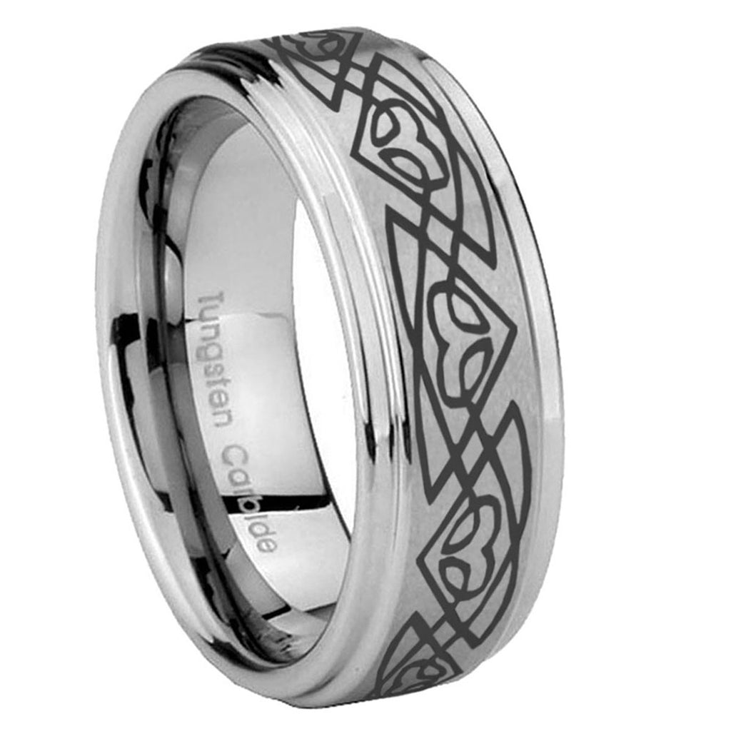 8mm Celtic Braided Step Edges Brushed Silver Tungsten Ring