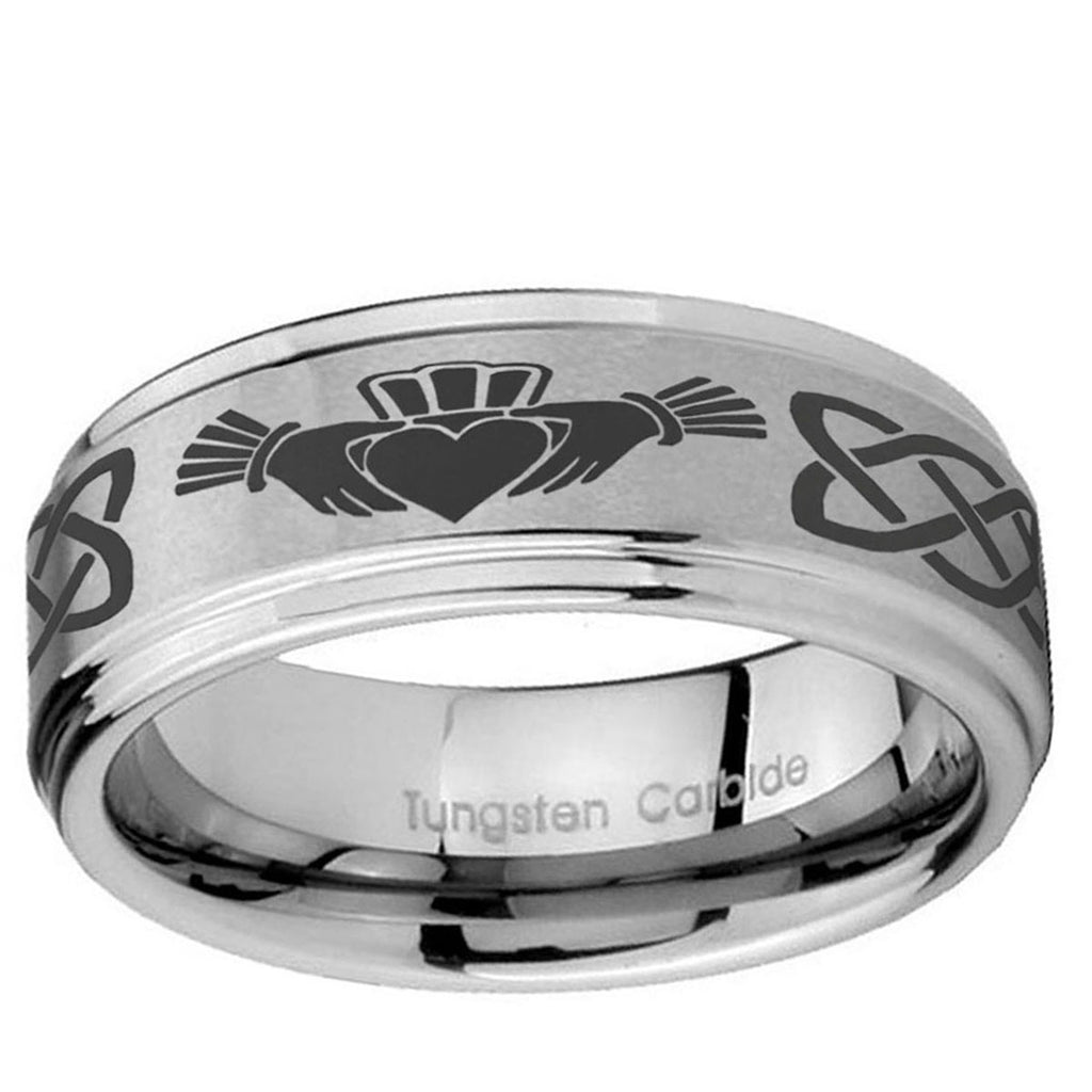 5mm Irish Claddagh Step Edges Brushed Silver Tungsten Ring