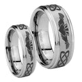 Irish Claddagh Step Edges Brushed Tungsten Bridal Set Rings