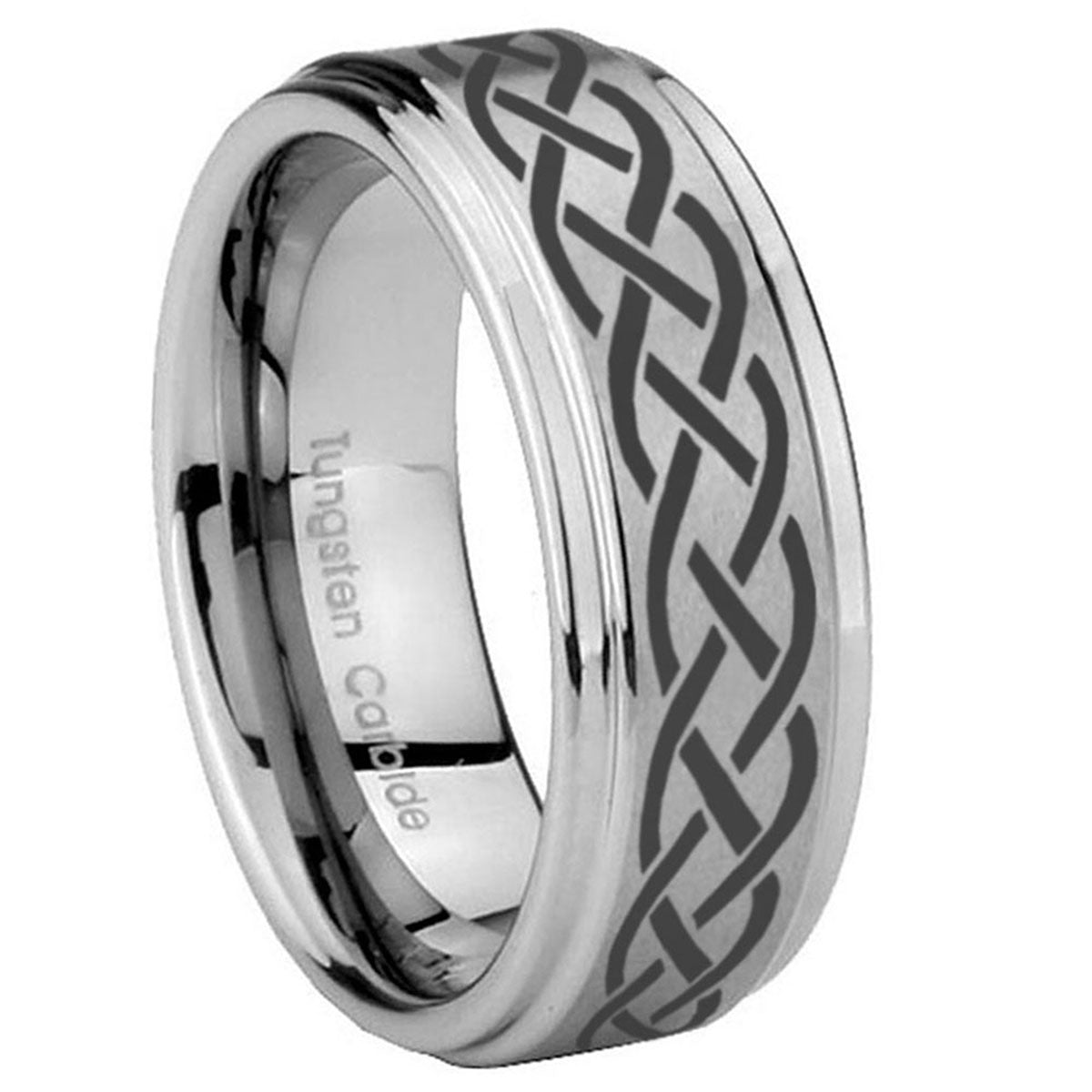 8mm Celtic Knot Step Edges Brushed Silver Tungsten Ring