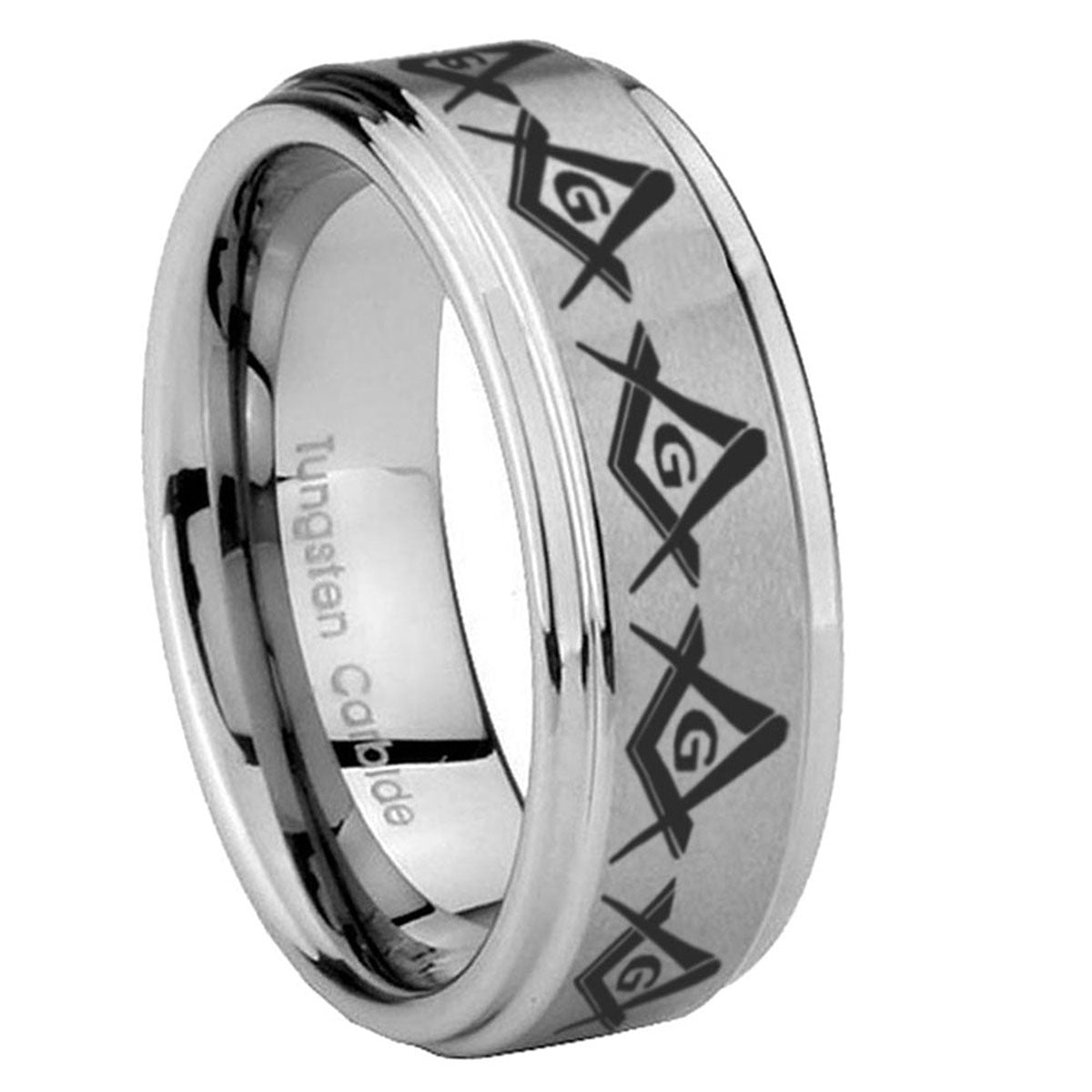 8mm Masonic Square Compass Step Edge Silver Tungsten Ring
