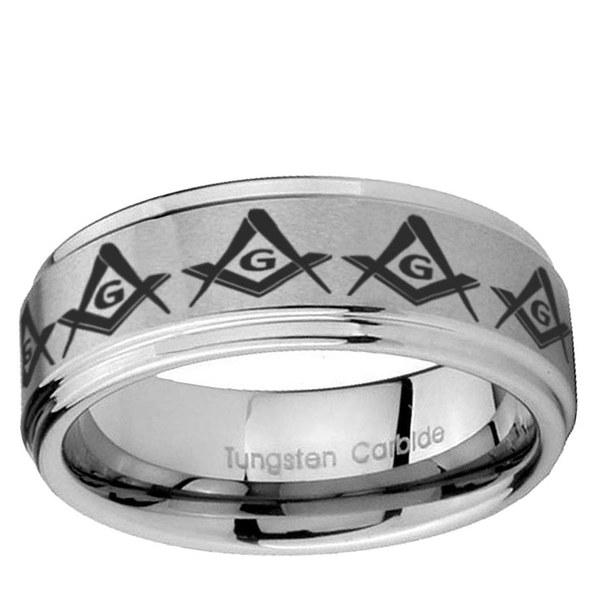 10mm Masonic Square and Compass Step Edge Brushed Tungsten Ring