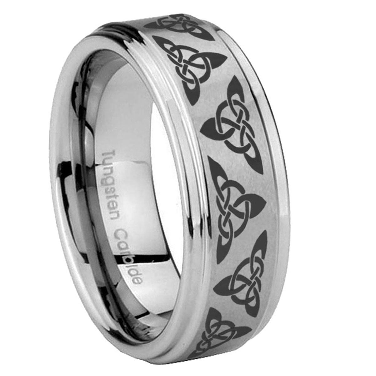 8mm Celtic Knot Step Edges Brushed Silver Tungsten Ring