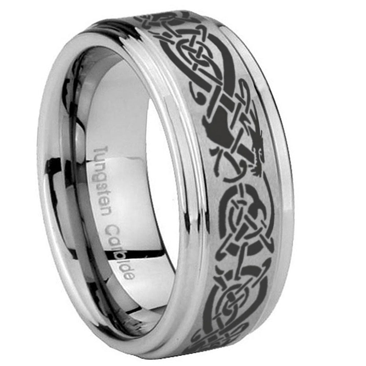 10mm Celtic Knot Dragon Step Edges Brushed Tungsten Mens Anniversary Ring