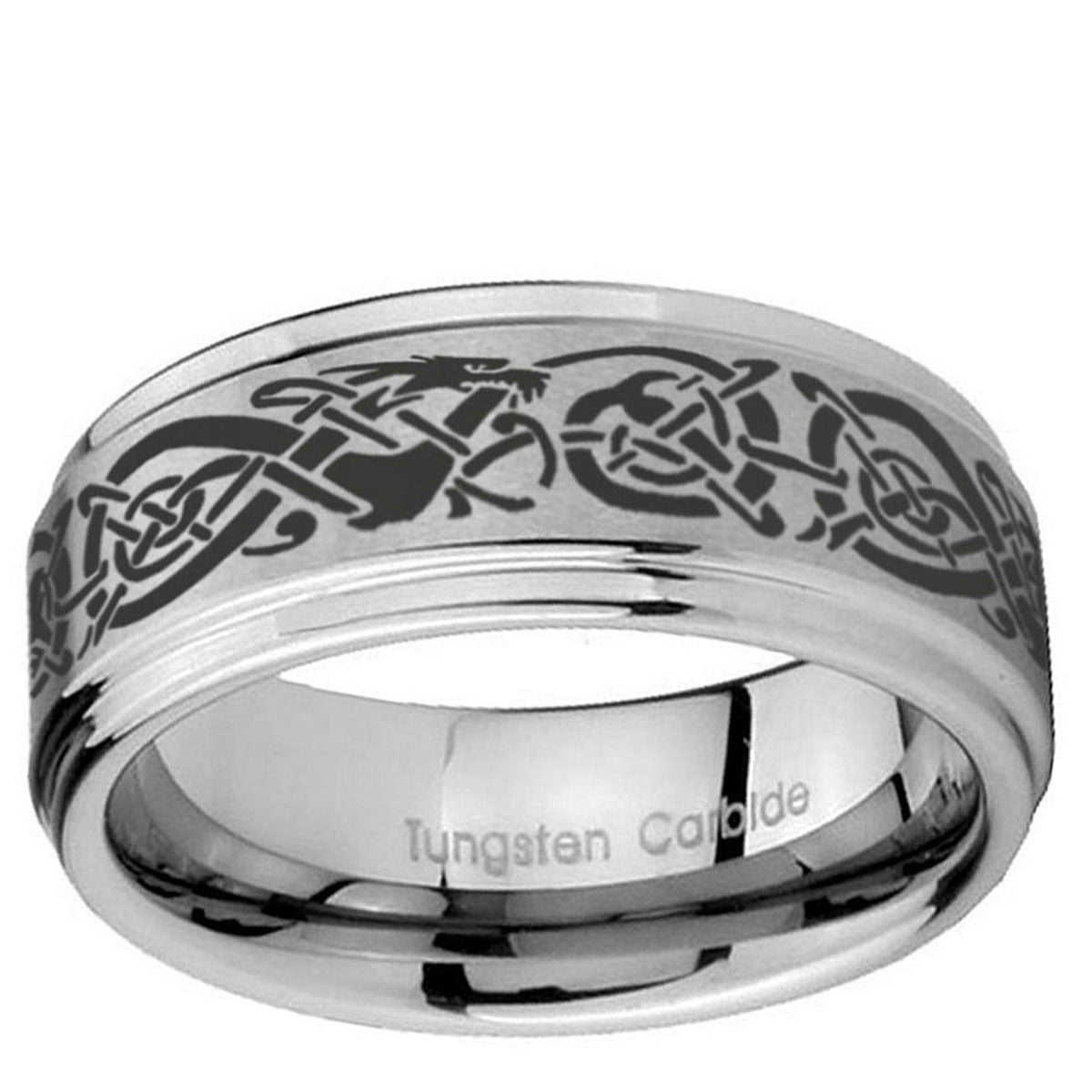 5mm Celtic Knot Dragon Step Edge Brushed Silver Tungsten Ring