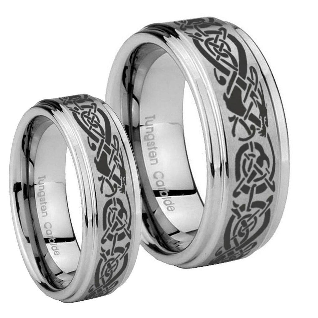 Celtic Knot Dragon Step Edges Brushed Tungsten Wedding Set Ring