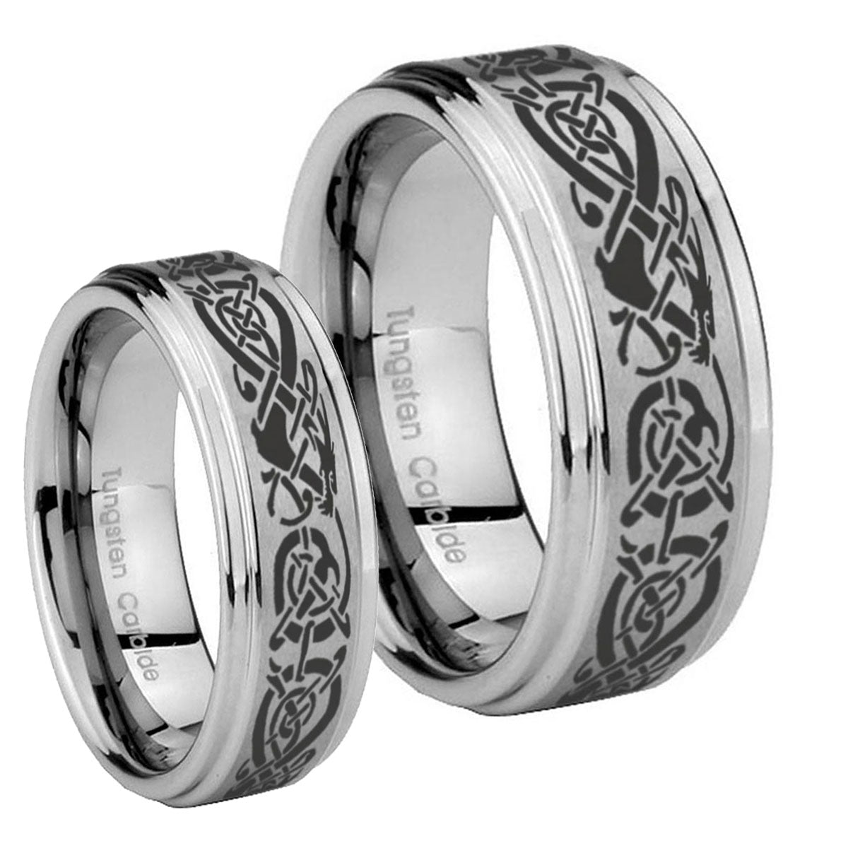 Celtic Knot Dragon Step Edges Brushed Tungsten Wedding Set Ring