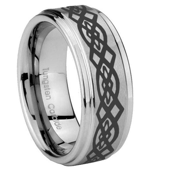 10mm-Celtic-Knot-Step-Edges-Brushed-Tungsten-Carbide-Men's-Band-Ring