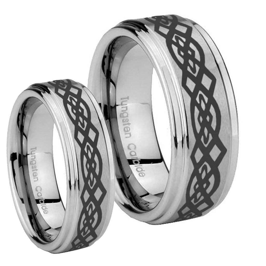 Celtic Knot Step Edges Brushed Tungsten Wedding Set Ring