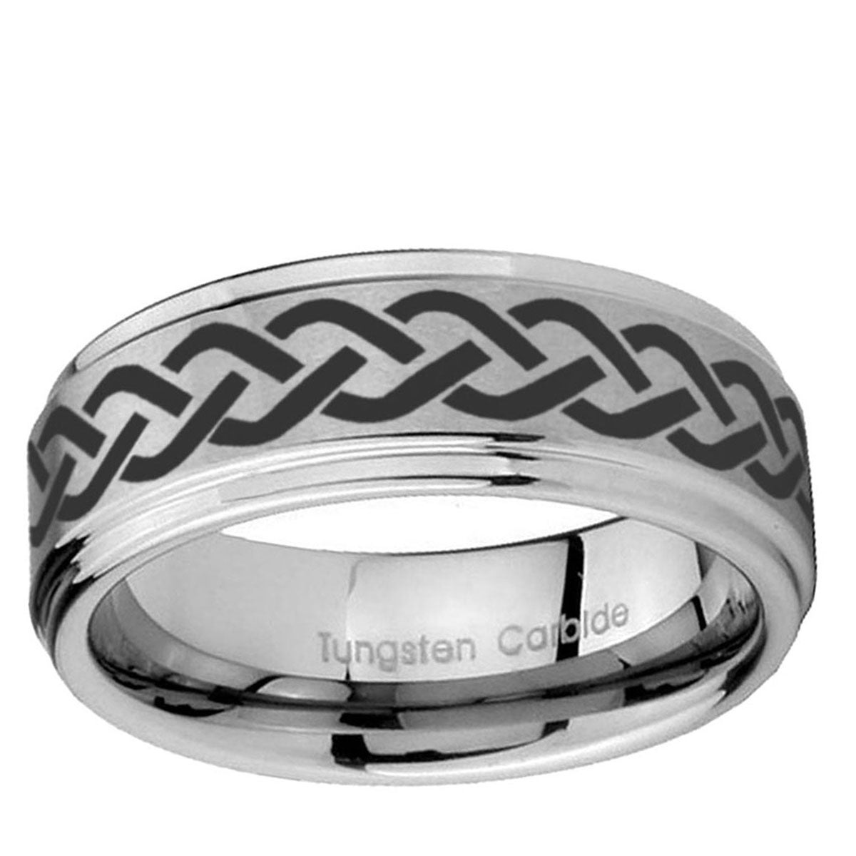 10mm Laser Celtic Knot Step Edge Brushed Tungsten Ring