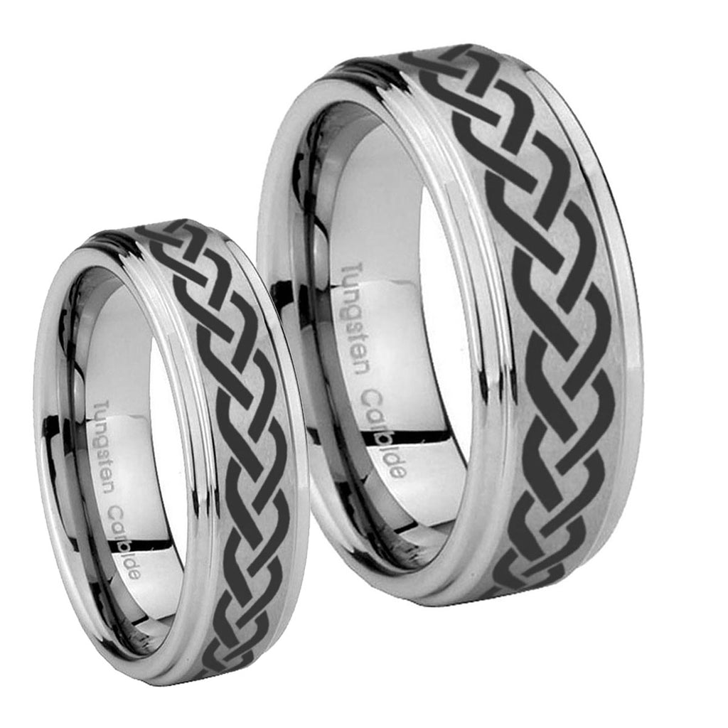 Laser Celtic Knot Step Edges Brushed Tungsten Bridal Set Rings