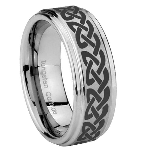 8mm Celtic Knot Love Step Edges Brushed Silver Tungsten Ring