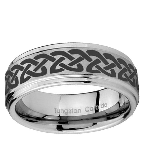 5mm Celtic Knot Love Step Edges Brushed Silver Tungsten Ring