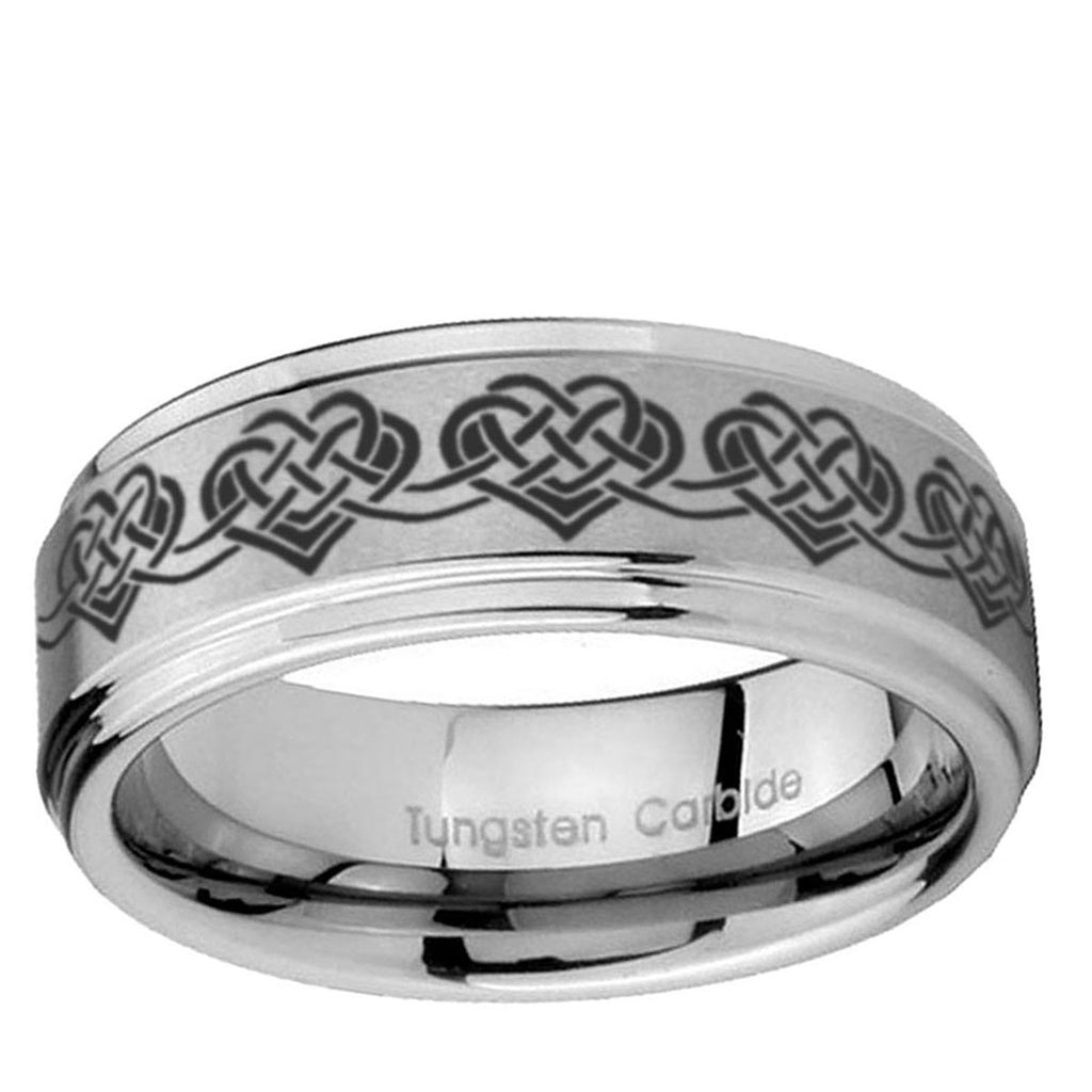 10mm Celtic Knot Heart Step Edge Brushed Tungsten Ring