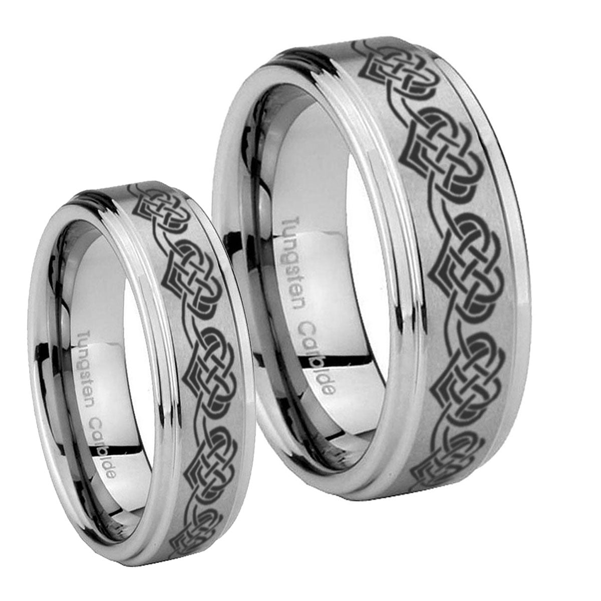 Celtic Knot Heart Step Edges Brushed Tungsten His And Hers Ring