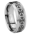 8mm Medieval Cross Step Edges Brushed Silver Tungsten Ring