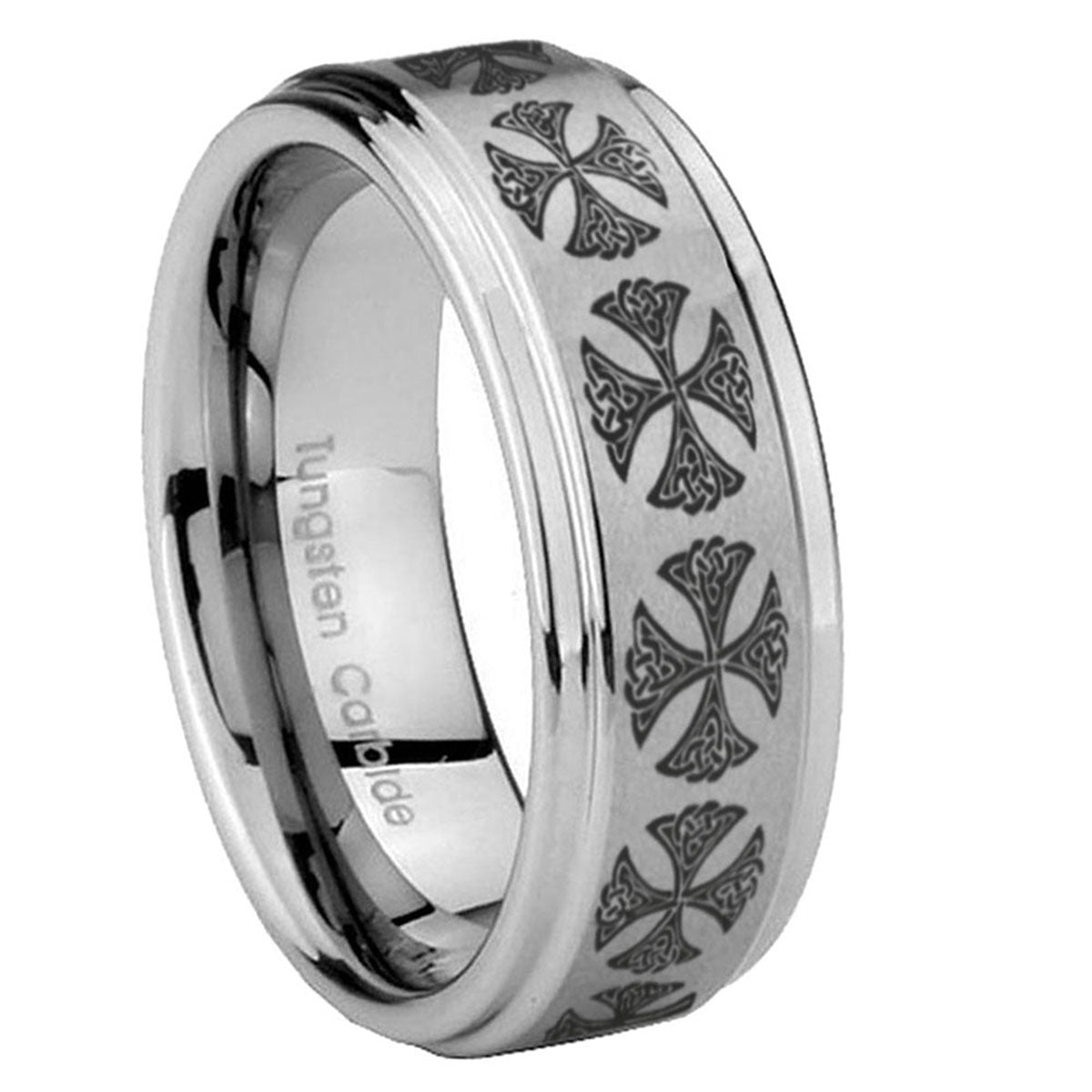 8mm Medieval Cross Step Edges Brushed Silver Tungsten Ring