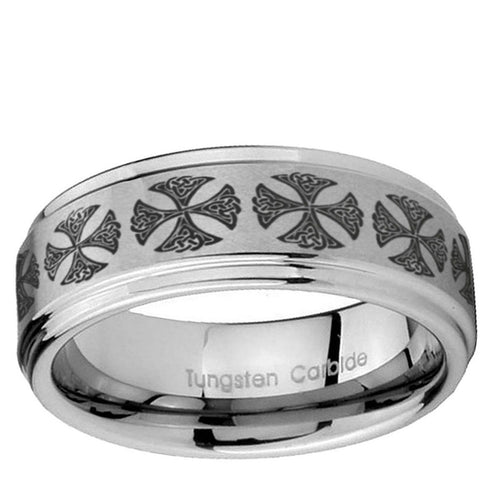 10mm Medieval Cross Step Edge Brushed Tungsten Ring