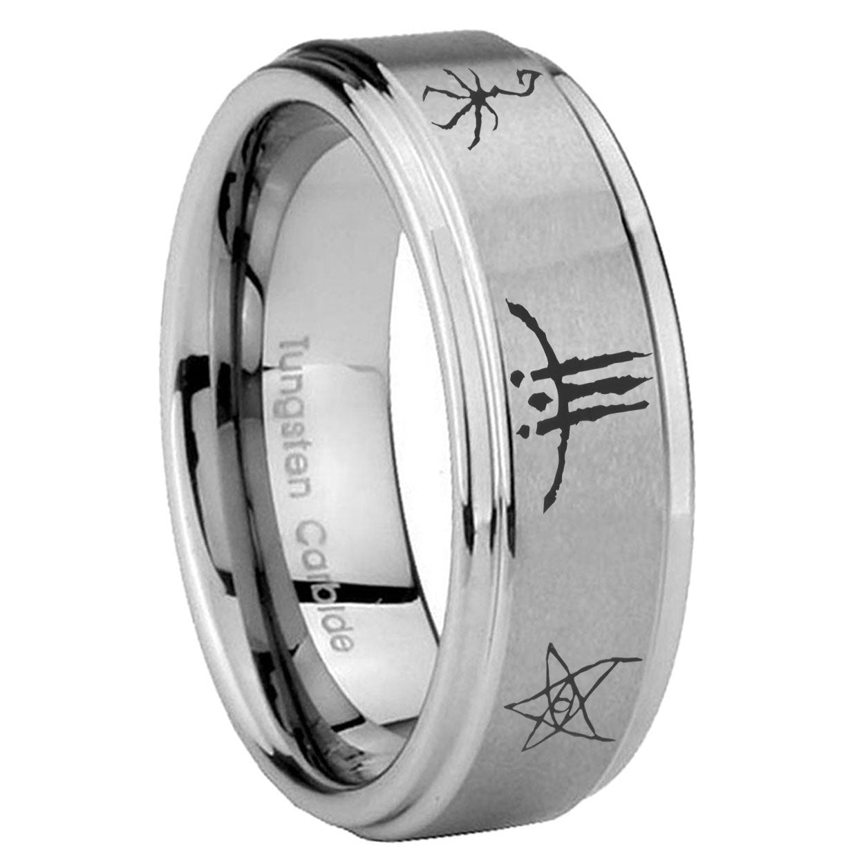 8mm Blackborne Caryll Runes Step Edge Brushed Silver Tungsten Ring
