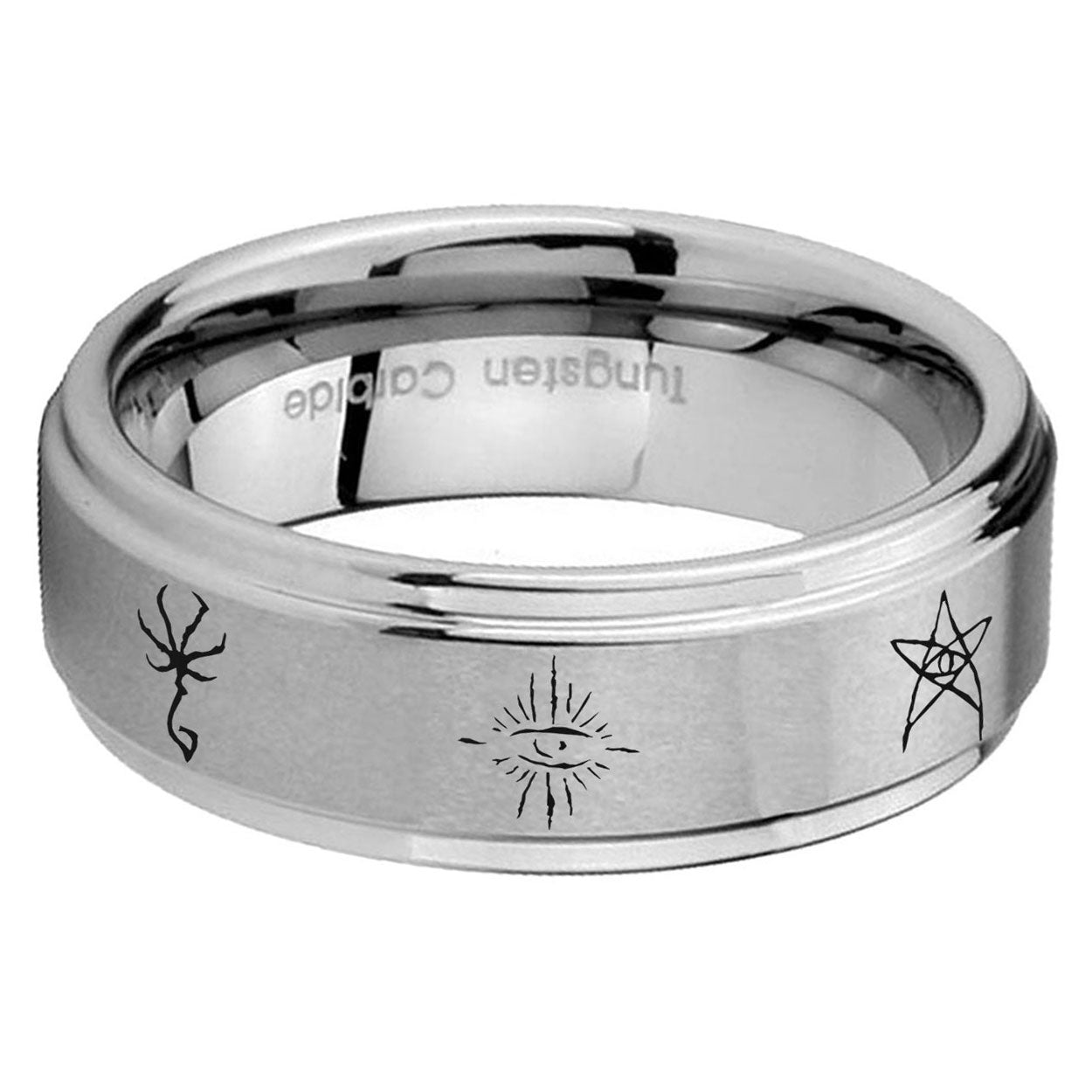 5mm Blackborne Caryll Runes Step Edge Brushed Silver Tungsten Ring